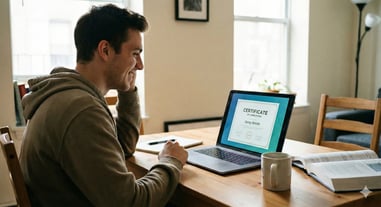 Un estudiante joven adulto mirando un certificado o una computadora con expresión de alivio